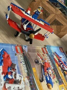 Lego red blue and white biplane with pilot minifigure
